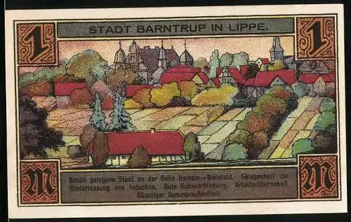 Notgeld Barntrup / Lippe 1921, 1 Mark, Stadtwappen und Stadtansicht