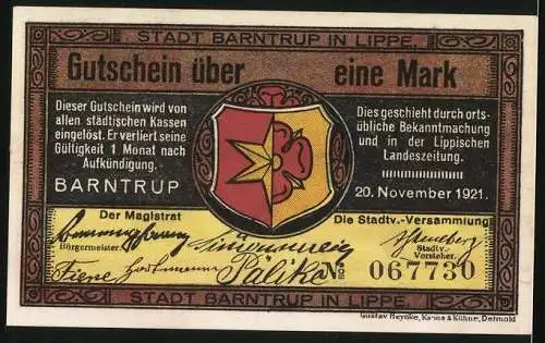 Notgeld Barntrup / Lippe 1921, 1 Mark, Stadtwappen und Stadtansicht