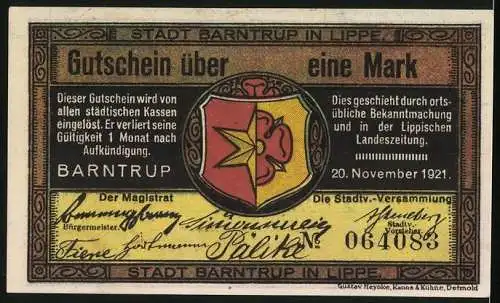Notgeld Barntrup / Lippe 1921, 1 Markt, Wappen, Nautgeld hätt nie jeude Stadt, Barntrup will auk nau watt, Uniformen