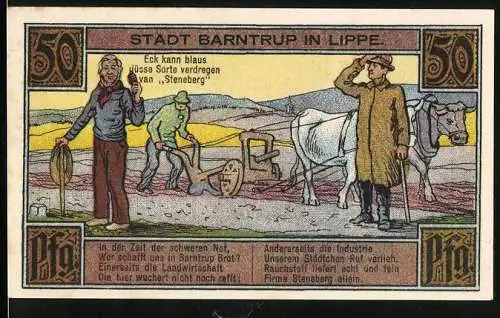 Notgeld Barntrup / Lippe 1921, 50 Pfennig, Stadtwappen, Bauern mit Rinderpflug auf dem Feld