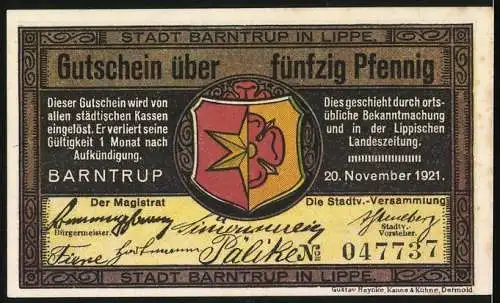 Notgeld Barntrup / Lippe 1921, 50 Pfennig, Stadtwappen, Bauern mit Rinderpflug auf dem Feld