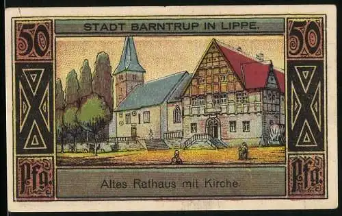 Notgeld Barntrup / Lippe 1921, 50 Pfennig, Stadtwappen, altes Rathaus mit Kirche