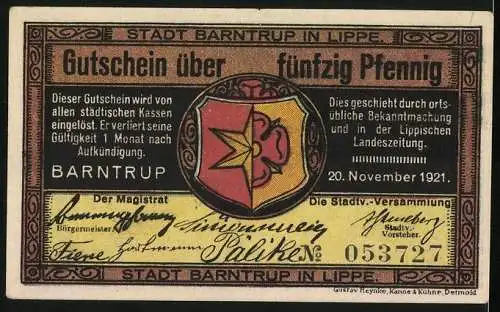 Notgeld Barntrup / Lippe 1921, 50 Pfennig, Stadtwappen, altes Rathaus mit Kirche