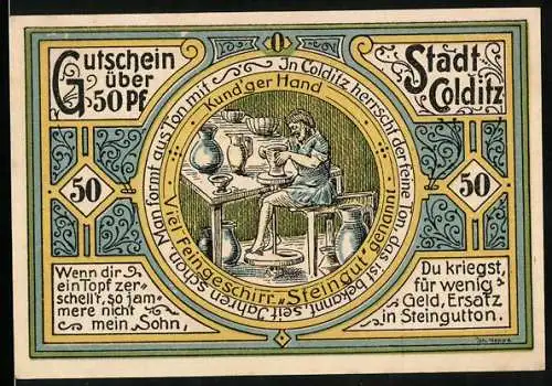 Notgeld Colditz 1921, 50 Pfennig, Stadtwappen, Kund'ger Hand, Töpferei