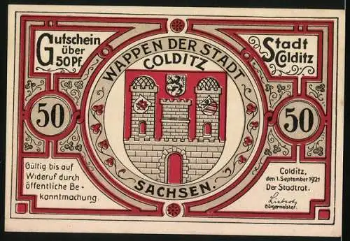 Notgeld Colditz 1921, 50 Pfennig, Stadtwappen, Kund'ger Hand, Töpferei