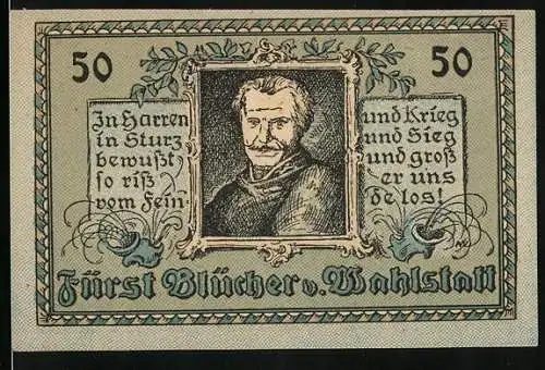 Notgeld Canth, 50 Pfennig, Stadtwappen, Fürst Blücher v. Wahlstatt