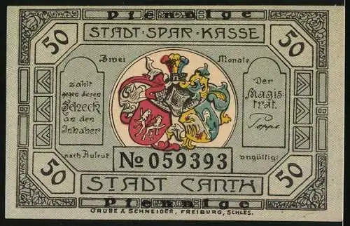 Notgeld Canth, 50 Pfennig, Stadtwappen, Fürst Blücher v. Wahlstatt