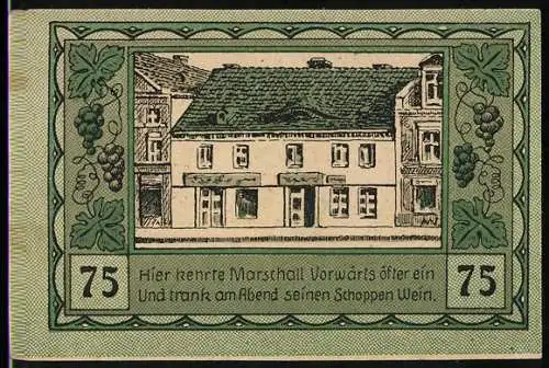 Notgeld Canth, 75 Pfennig, Stadtwappen, Marshall Vorwährts Gasthaus