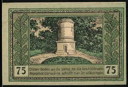 Notgeld Canth, 75 Pfennig, Stadtwappen, Ruhestätte Marschall Vorwärts