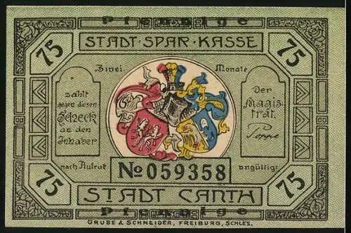 Notgeld Canth, 75 Pfennig, Stadtwappen, Ruhestätte Marschall Vorwärts