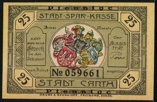 Notgeld Canth, 25 Pfennig, Stadtwappen & Stadtpanorama