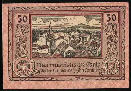 Notgeld Canth, 50 Pfennig, Stadtwappen und Stadtansicht