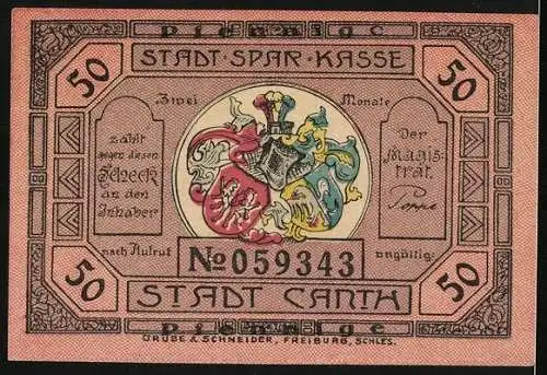 Notgeld Canth, 50 Pfennig, Stadtwappen und Stadtansicht