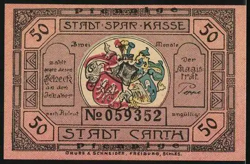 Notgeld Canth, 50 Pfennig, Stadtwappen, Rathaus