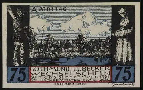 Notgeld Gothmund-Lübeck 1921, 75 Pfennig, Gothmunder Drinkeltörn, Bäuerin, Fischer, Ortsansicht