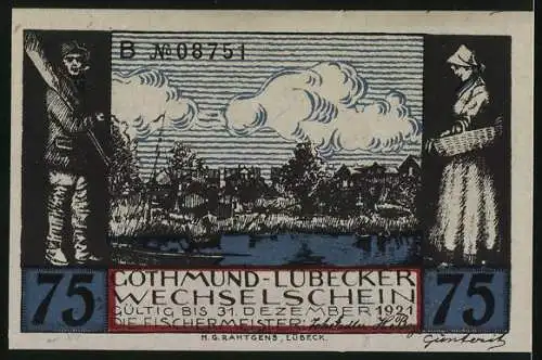 Notgeld Gothmund-Lübeck 1921, 75 Pfennig, Fischertypen aus dem 18. Jahrhundert, Wappen, Bäuerin und Ortsansicht