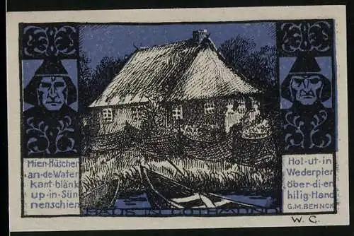 Notgeld Gothmund-Lübeck 1921, 50 Pfennig, Haus in Gothmund, Bäuerin & Fischer, Ortsansicht