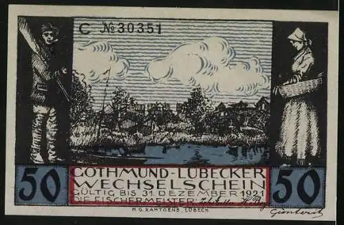 Notgeld Gothmund-Lübeck 1921, 50 Pfennig, Haus in Gothmund, Bäuerin & Fischer, Ortsansicht