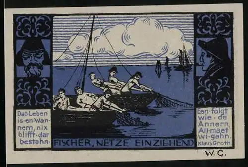 Notgeld Gothmund-Lübeck 1921, 50 Pfennig, Fischer ziehen ihre Netze ein, Bäuerin & Fischer, Ortsansicht