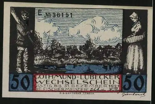 Notgeld Gothmund-Lübeck 1921, 50 Pfennig, Gothmunder Treibelfest, tanzende Paare, Bäuerin & Fischer, Ortsansicht