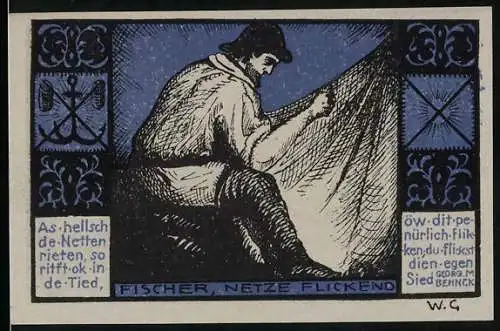 Notgeld Gothmund-Lübeck 1921, 50 Pfennig, Fischer flickt sein Netz, Bäuerin & Ortsansicht