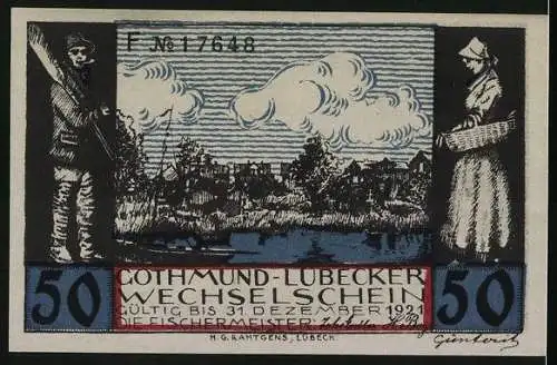 Notgeld Gothmund-Lübeck 1921, 50 Pfennig, Fischer flickt sein Netz, Bäuerin & Ortsansicht