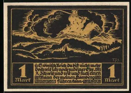 Notgeld Fränkisch-Crumbach 1921, 1 Mark, Wolkenbruch über dem Ort, Ritter, Wappen, Ruine Rodenstein, Kirche