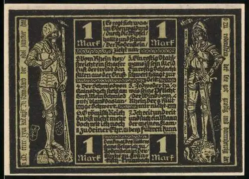Notgeld Fränkisch-Crumbach 1921, 1 Mark, Ritter, Wappen, Ruine Rodenstein, Kirche