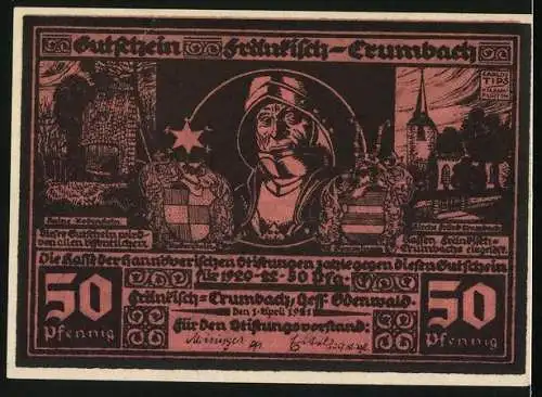 Notgeld Fränkisch-Crumbach 1921, 50 Pfennig, Schmied am Ambos, Ritter, Wappen, Ruine Rodenstein, Kirche