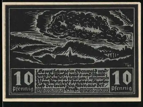 Notgeld Fränkisch-Crumbach 1921, 1 Mark, Wolkenbruch über dem Ort, Ritter, Wappen, Ruine Rodenstein, Kirche