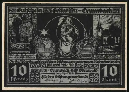 Notgeld Fränkisch-Crumbach 1921, 1 Mark, Wolkenbruch über dem Ort, Ritter, Wappen, Ruine Rodenstein, Kirche