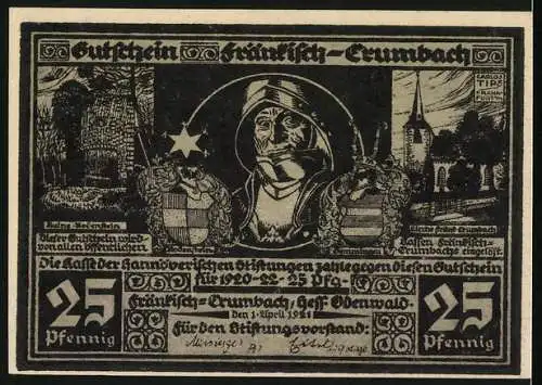 Notgeld Fränkisch-Crumbach 1921, 25 Pfennig, Wolkenformation Reiter, Ritter, Wappen, Ruine Rodenstein, Kirche