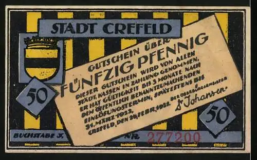 Notgeld Crefeld 1923, 50 Pfennig, Stadtwappen, Mann in Uniform