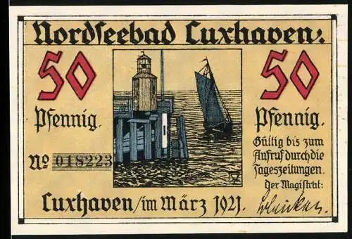 Notgeld Cuxhaven 1921, 50 Pfennig, Fischer-Portrait, Mole, Wappen