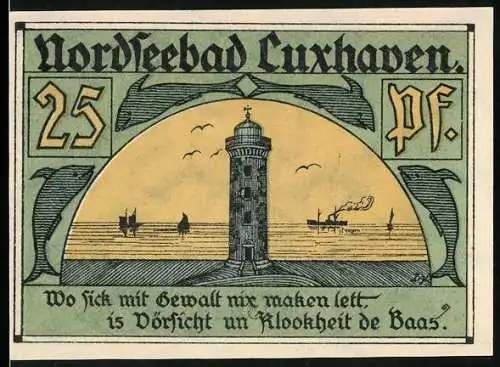 Notgeld Cuxhaven 1921, 25 Pfennig, Leuchtturm, Delfine und Dampfer auf stürmischer See