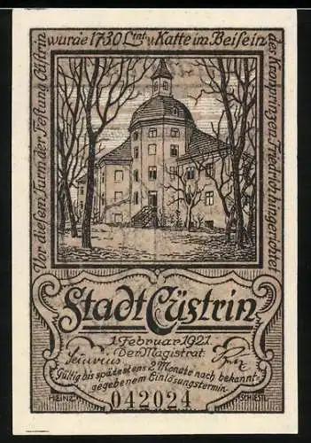 Notgeld Cüstrin 1921, 50 Pfennig, Wappen, Turm der Festung, Oder-Fluss