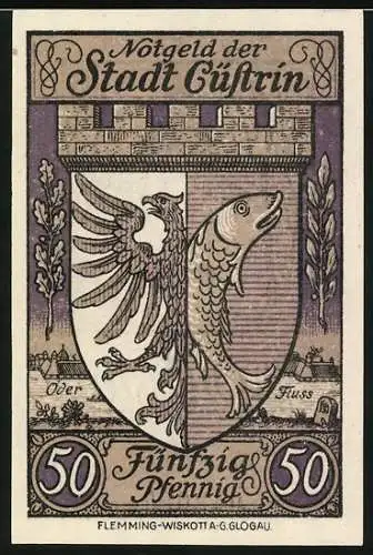 Notgeld Cüstrin 1921, 50 Pfennig, Wappen, Turm der Festung, Oder-Fluss