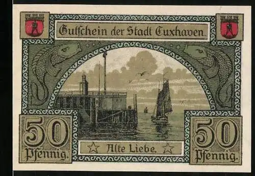 Notgeld Cuxhaven 1921, 50 Pfennig, Wappen, Schloss Ritzebüttel, Alte Liebe