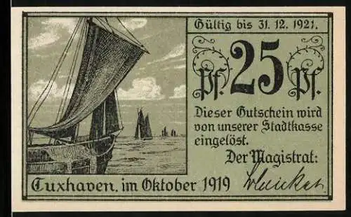 Notgeld Cuxhaven 1919, 25 Pfennig, Schloss Ritzebüttel, Alte Liebe, Segelboot