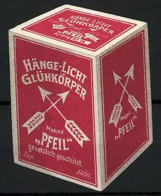 Reklamemarke Hänge-Licht Glühkörper Marke Pfeil, Schachtel