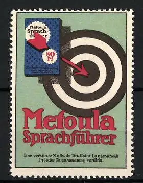 Reklamemarke Metoula-Sprachführer, Methode Toussaint-Langenscheidt, Pfeil trifft auf Zielscheibe, Buch