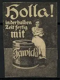 Reklamemarke Fawida Bohnermasse, Holla!, in der halben Zeit fertig..., Hausfrau sitzt auf einer Dose