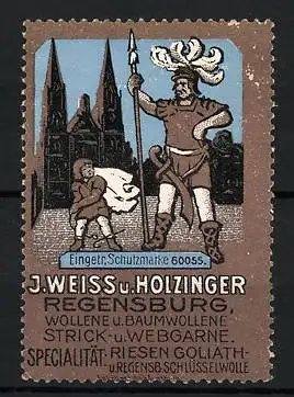 Reklamemarke Wolle, Strick- und Webgarne von J. Weiss u. Holzinger, Regensburg, Knappe vor der Kirche
