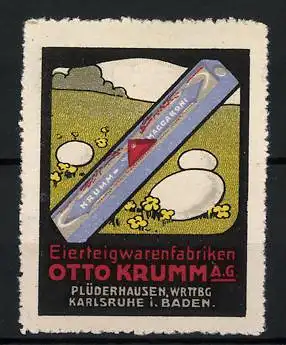 Reklamemarke Krumm-Maccaroni, Eierteigwarenfabriken Otto Krumm, Plüderhausen, Nudelverpackung und Eier auf einer Wiese