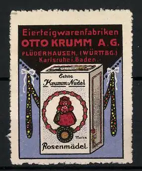 Reklamemarke Krumm-Nudel Rosenmädel, Eierteigwarenfabriken Otto Krumm, Plüderhausen, Nudelverpackung