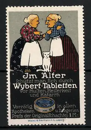 Reklamemarke Wybert-Tabletten schützen vor Husten, Heiserkeit und Katarrh, zwei betagte Damen mit Katze, Dose