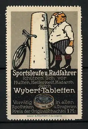 Reklamemarke Wybert-Tabletten schützen vor Husten, Heiserkeit und Katarrh, Radfahrer macht Rast