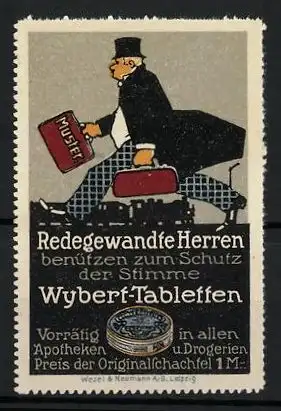 Reklamemarke Wybert-Tabletten schützen vor Husten, Heiserkeit und Katarrh, Mann eilt mit Gepäck, Dose