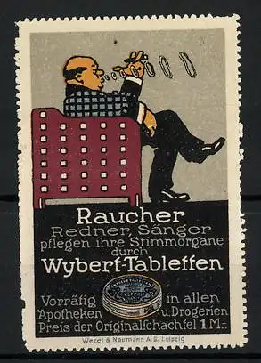 Reklamemarke Wybert-Tabletten für Raucher, Redner und Sänger, Mann beim Rauchen, Dose