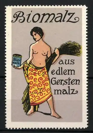 Reklamemarke Biomalz - aus edlem Gerstenmalz, halbnackter Mann mit Gerste und Dose